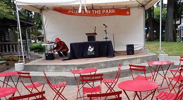 Setting up sound system for Poets in the Park